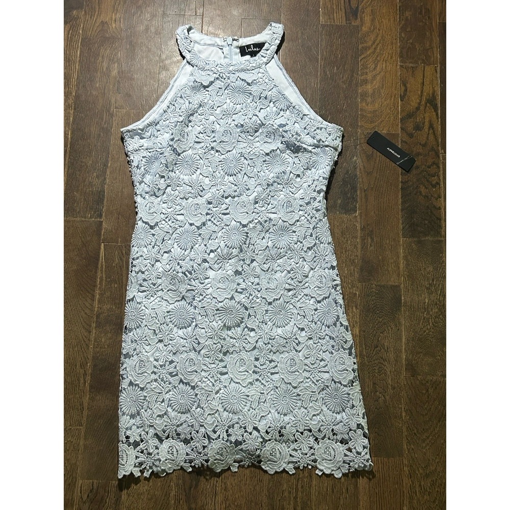 Lulus Light Blue Floral Lace Halter Dress Sleeveless Back Zipper Women Large NWT